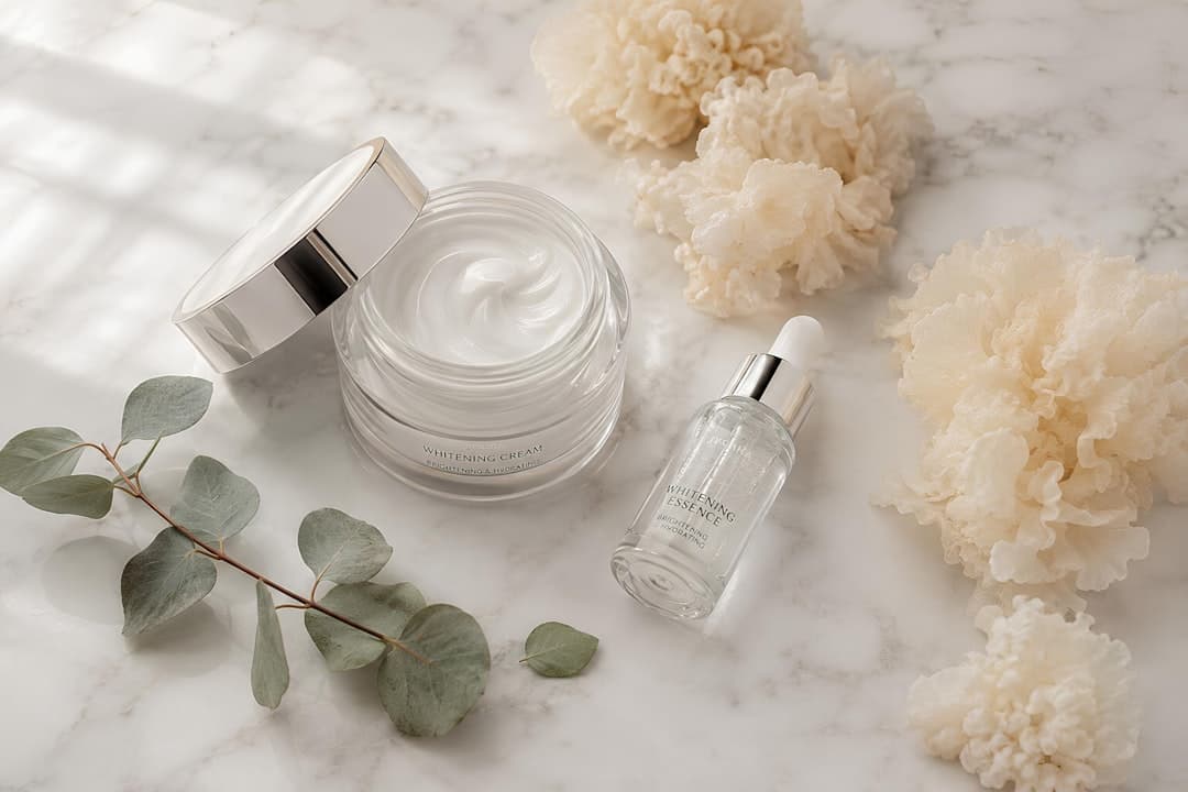 A minimalist flat-lay of skincare products on marble, featuring a glass jar of whitening cream, a dropper bottle, and natural white fungus styling under soft natural light. Sourced through Singapore Home Skin Care (https://singaporehomeskincare.com/) , a small line built around what humidity-heavy climates actually need from a routine.