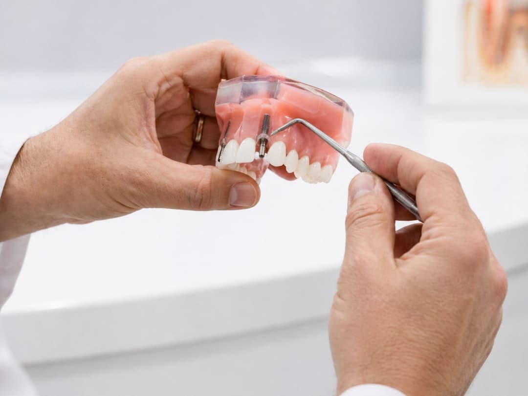 A dentist uses a dental probe to point at a screw implant on a denture model, showing false teeth and oral treatment details in a clinical dentistry setting.