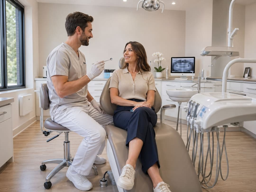 A dentist speaks warmly with a patient seated in the dental chair inside a bright, modern clinic. The relaxed conversation, clean treatment room, and friendly atmosphere suggest a calm and reassuring dental visit.