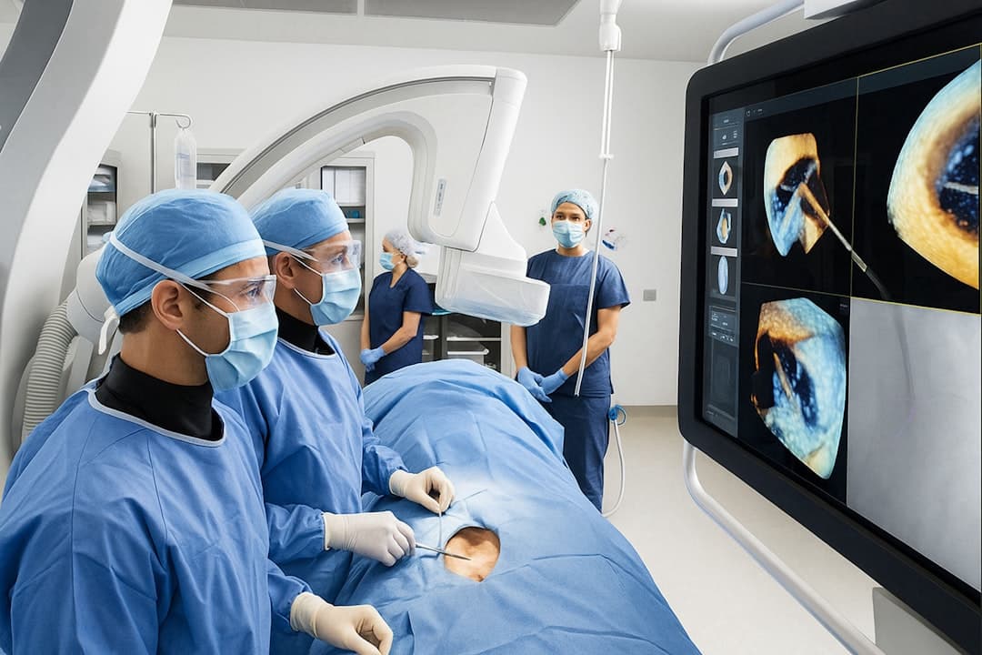 Doctors are performing a hybrid procedure in a modern operating room, combining open surgery with interventional radiology. The team uses advanced imaging technology on a large screen to guide precise treatment, showcasing how hybrid approaches bring together minimally invasive techniques and surgical expertise for better patient outcomes."